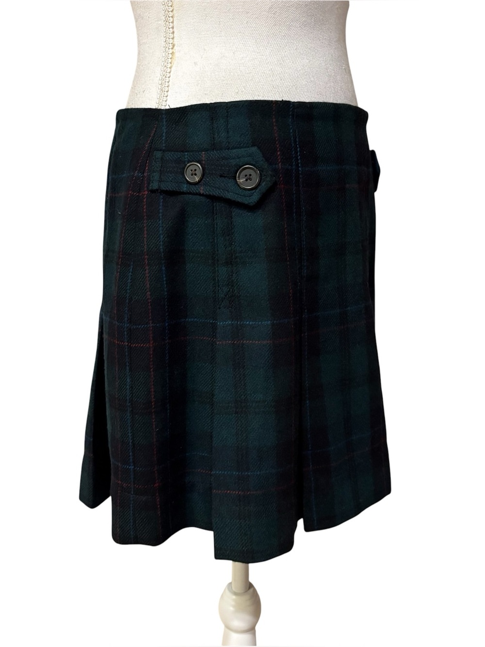 Vtg Y2K Gap Green Tartan Plaid Pleated Mini Skirt Button Details Size 4 - Picture 2 of 7